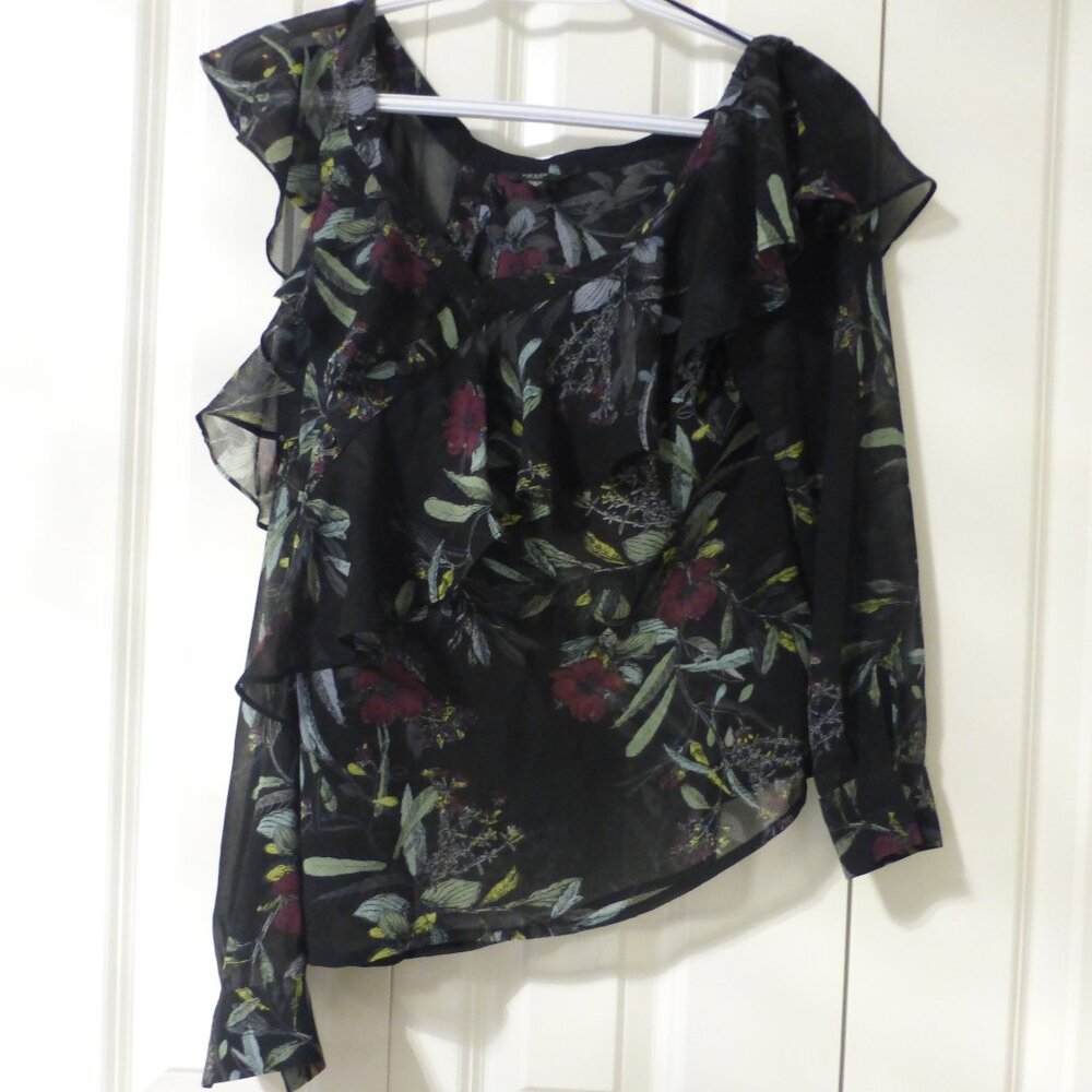 GUESS black floral print semi-sheer chiffon partial cold shoulder top